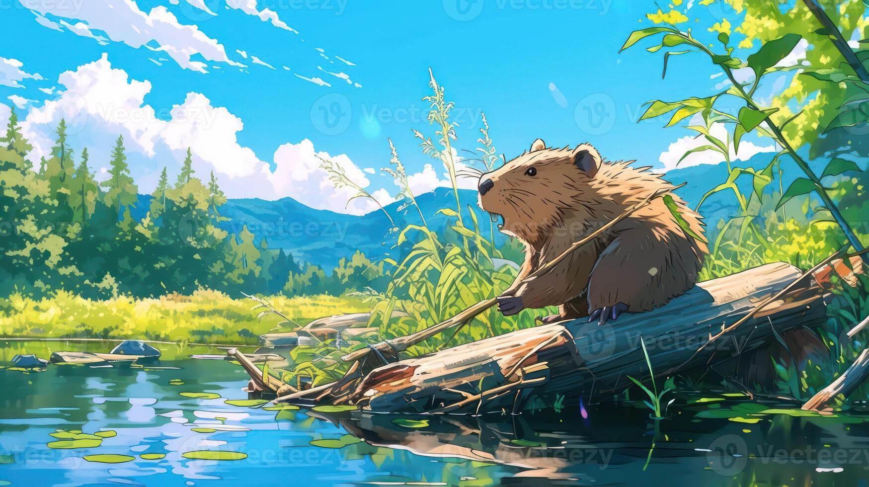 A beaver sitting on a log by a serene river in a lush forest landscape with mountains photo