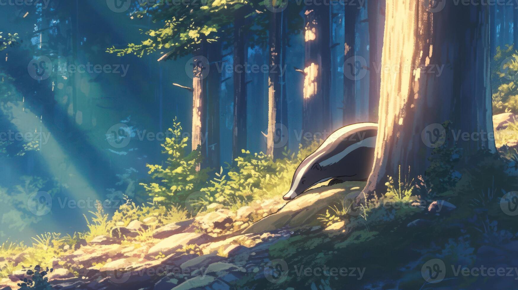 A serene forest scene featuring a badger emerging from behind a tree during golden hour light photo