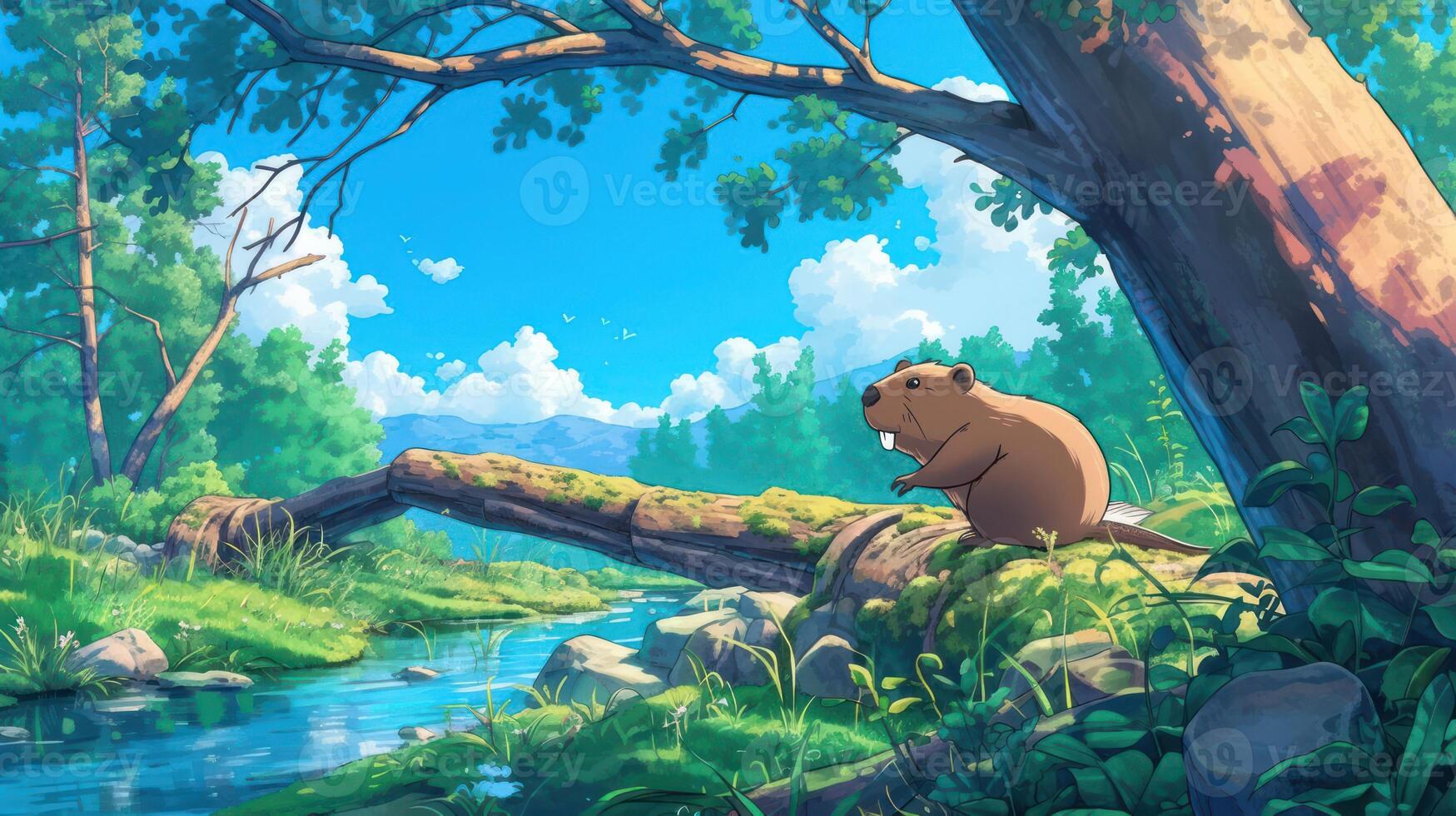 A serene riverbank scene featuring a beaver resting on a log amidst lush greenery and vibrant skies photo