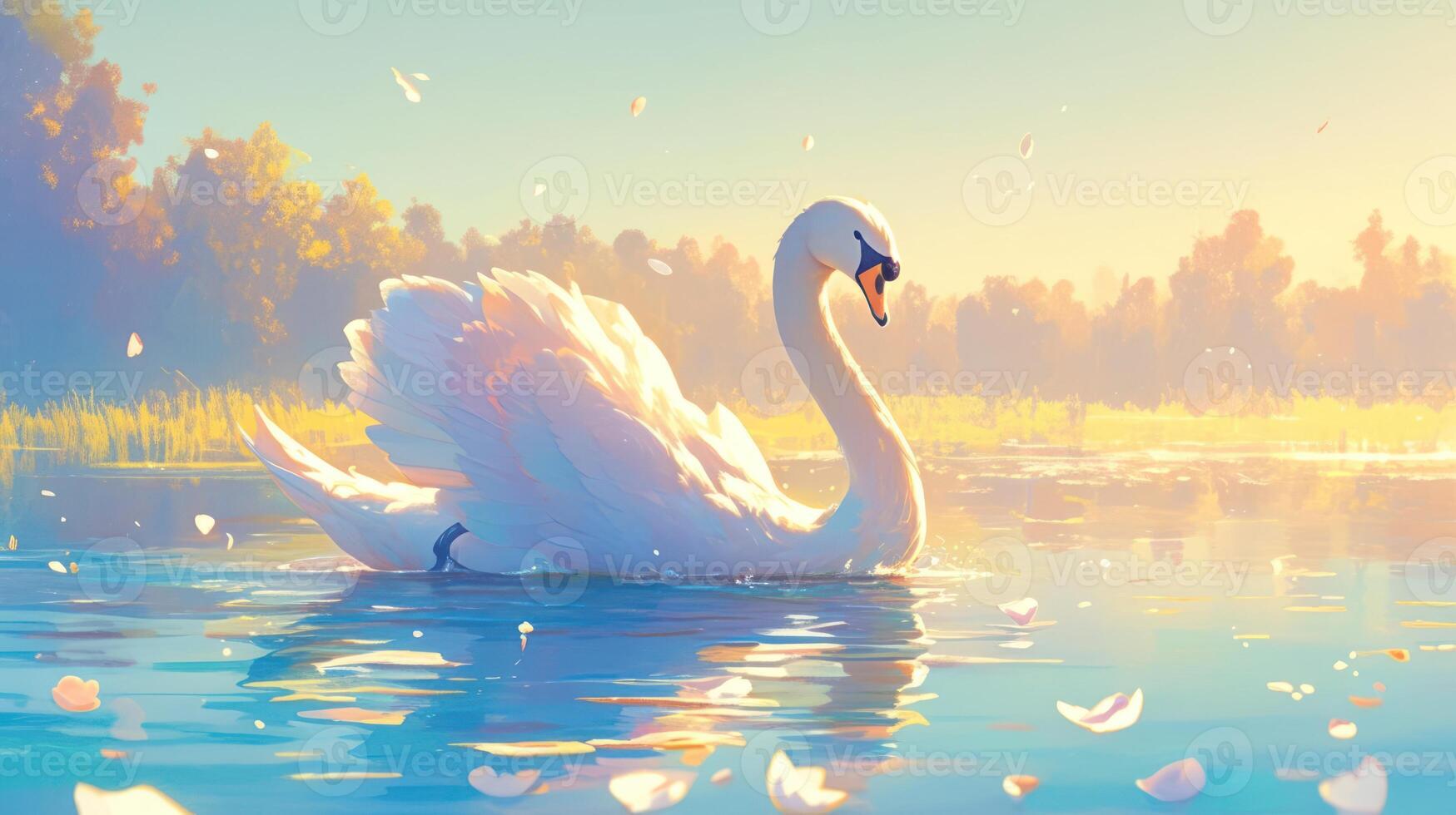 Elegant swan gracefully gliding across a serene lake surrounded by lush greenery at sunset photo