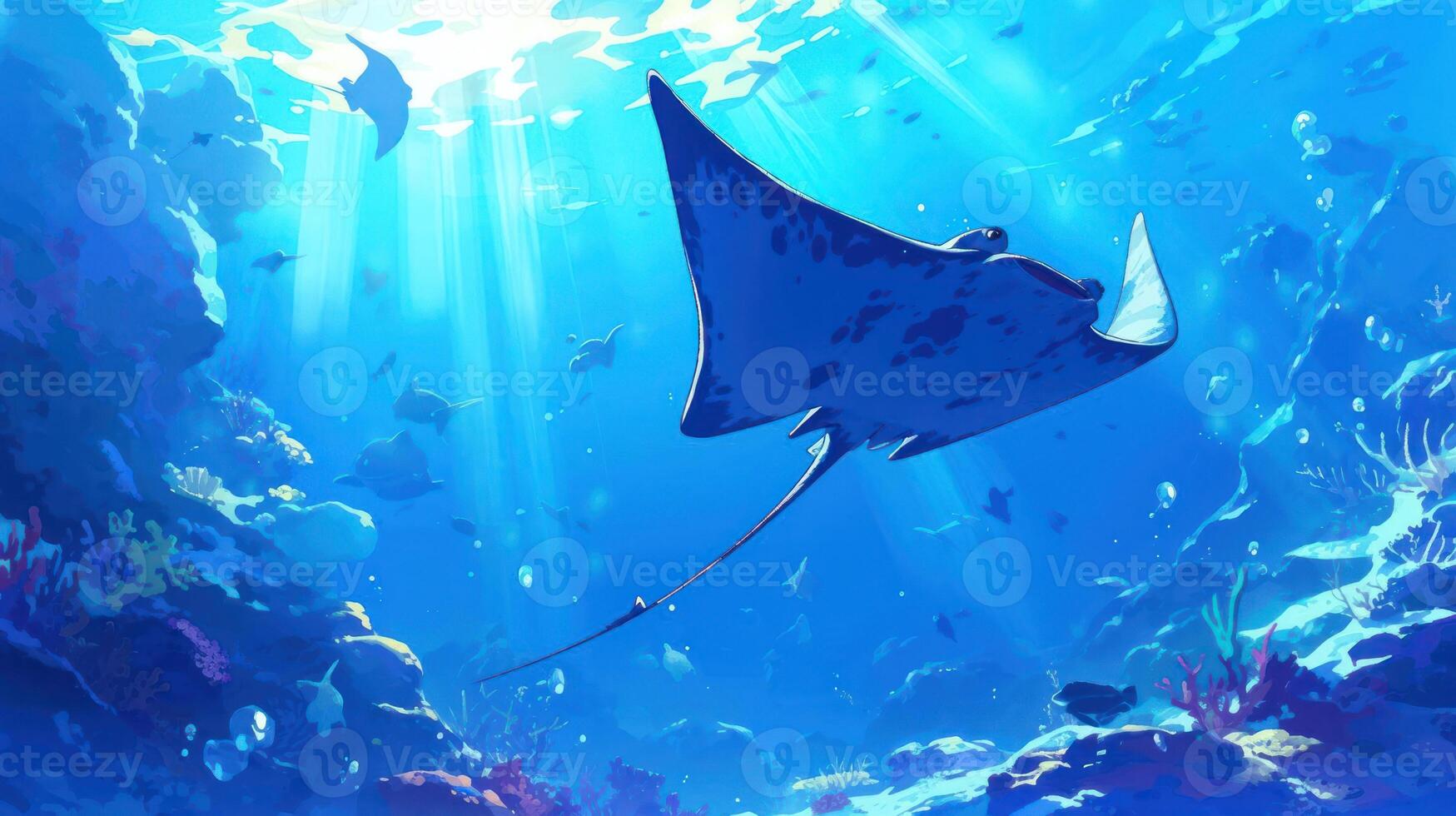 Majestic manta ray gliding through vibrant coral reef, illuminated by sunbeams underwater photo