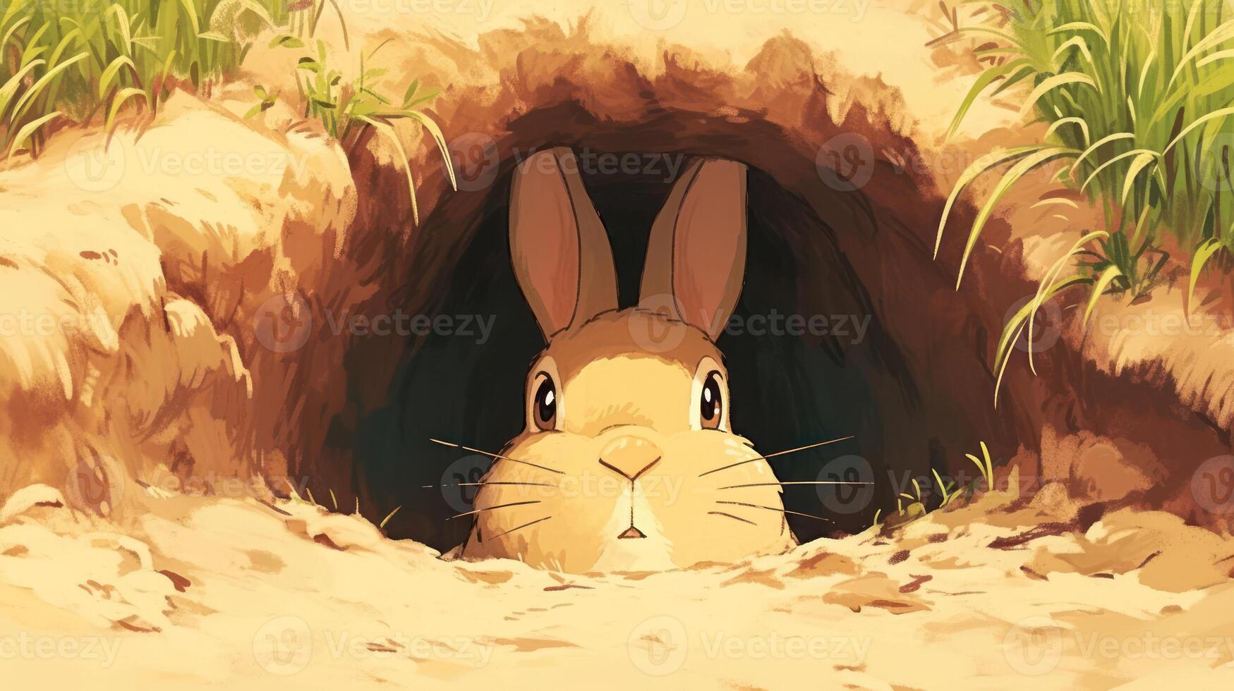 Curious rabbit peeking out from its burrow in a lush green meadow, exploring its surroundings photo