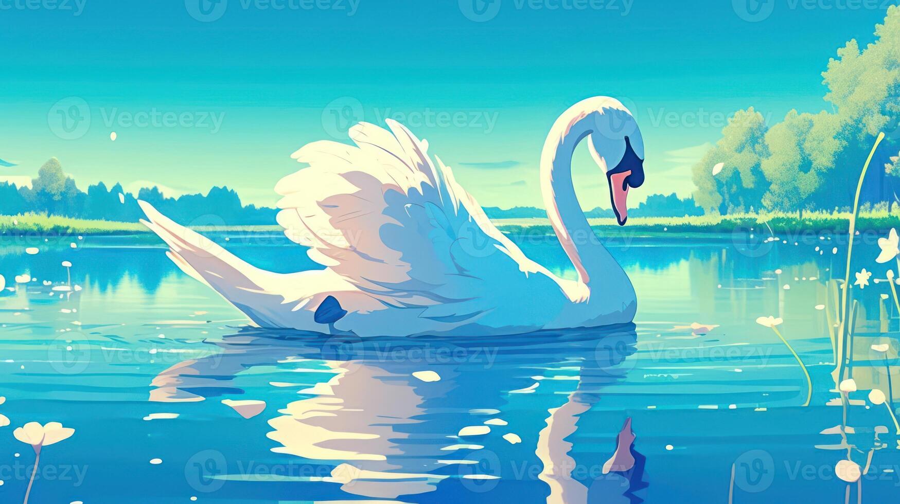 Serene swan gliding across a tranquil lake with lush greenery and soft clouds in the background photo
