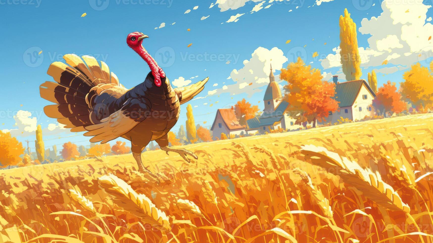 A vibrant turkey running through a golden wheat field with a picturesque farmhouse in autumn photo