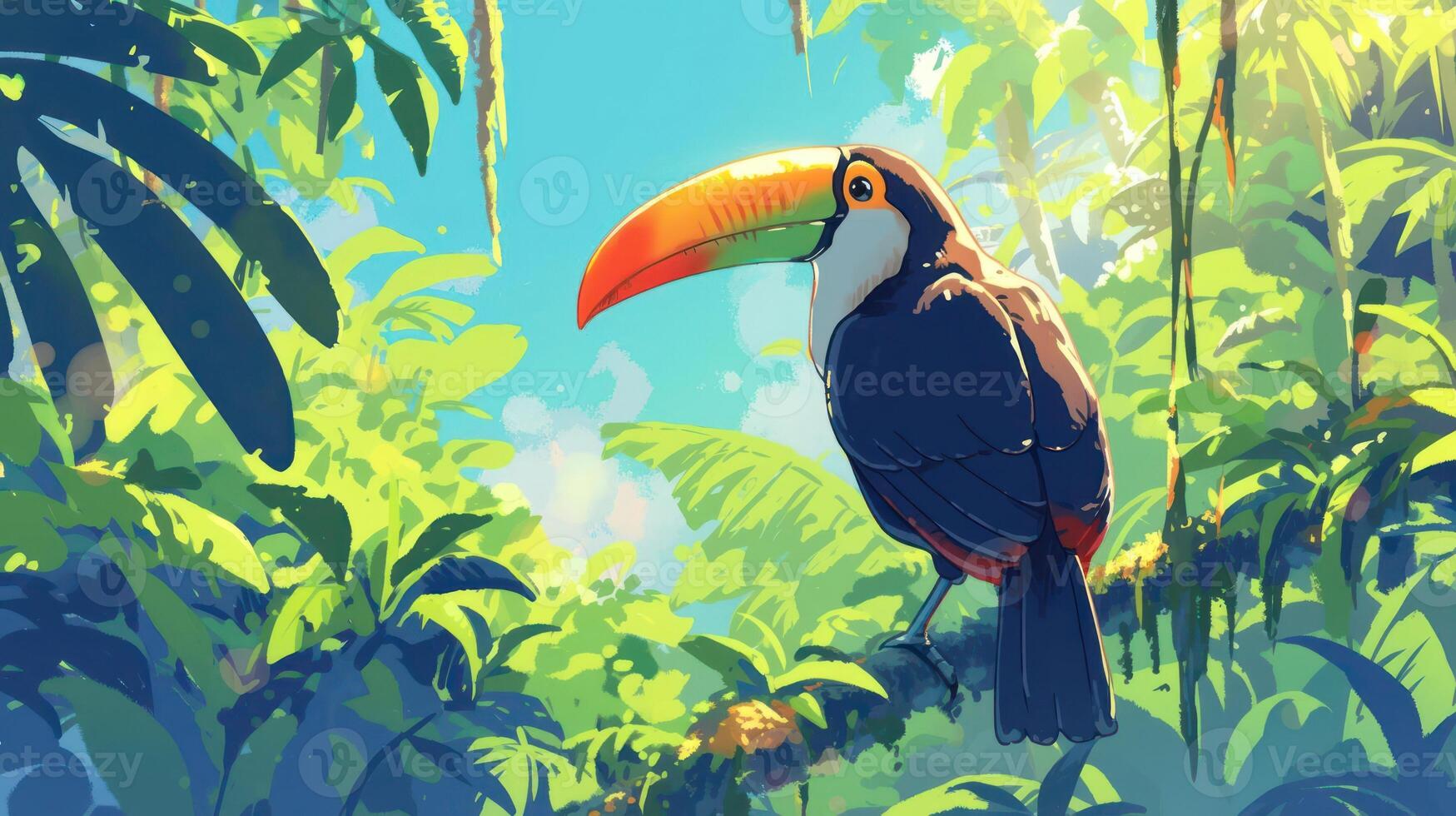 Colorful toucan perched on a branch in a vibrant jungle, sunlight filtering through leaves photo