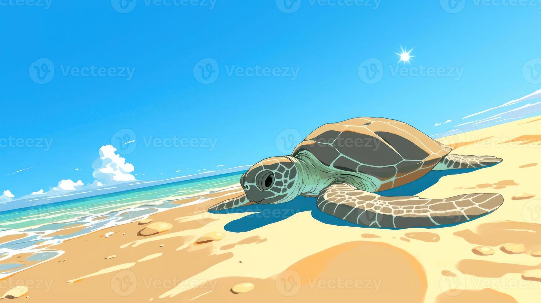 A serene sea turtle resting on a sandy beach under a clear blue sky with gentle waves photo
