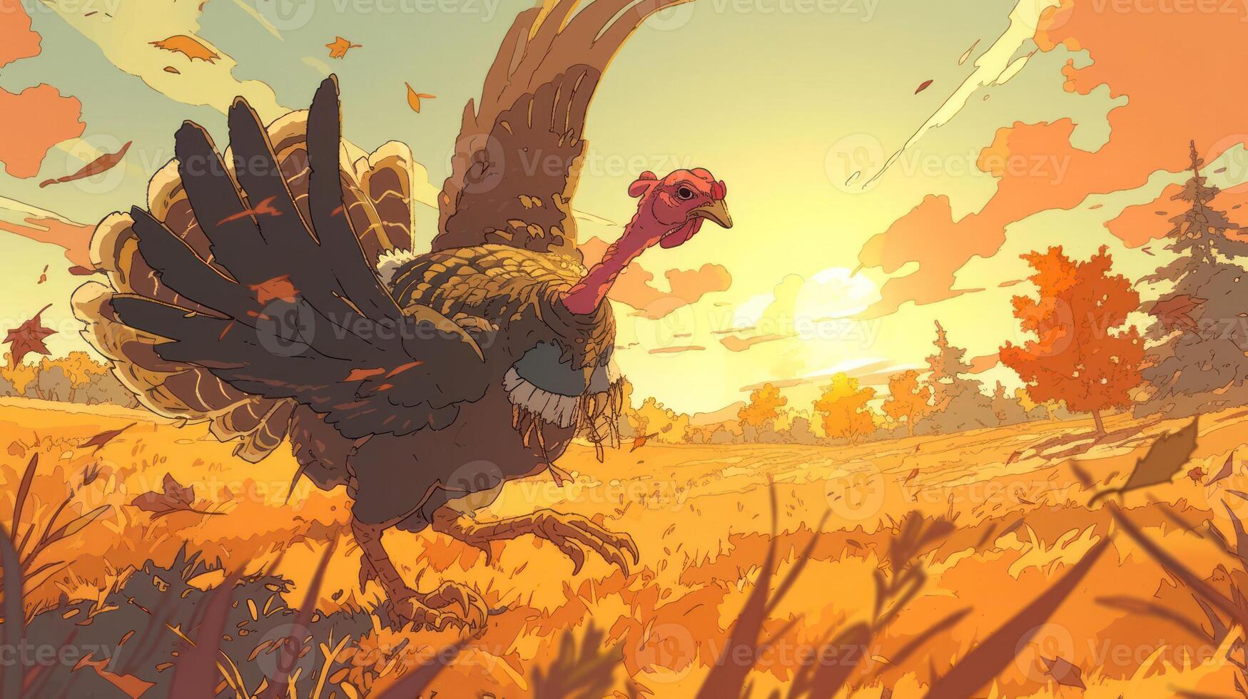 Colorful cartoon turkey walking through a vibrant autumn landscape at sunset photo