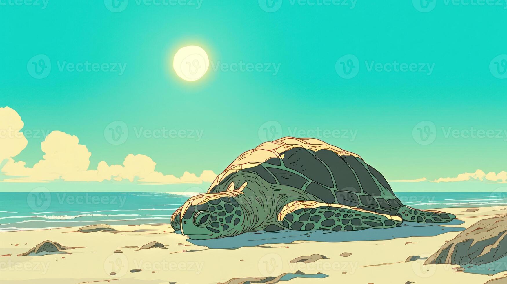 A serene beach scene featuring a resting sea turtle under a bright sun with gentle waves photo