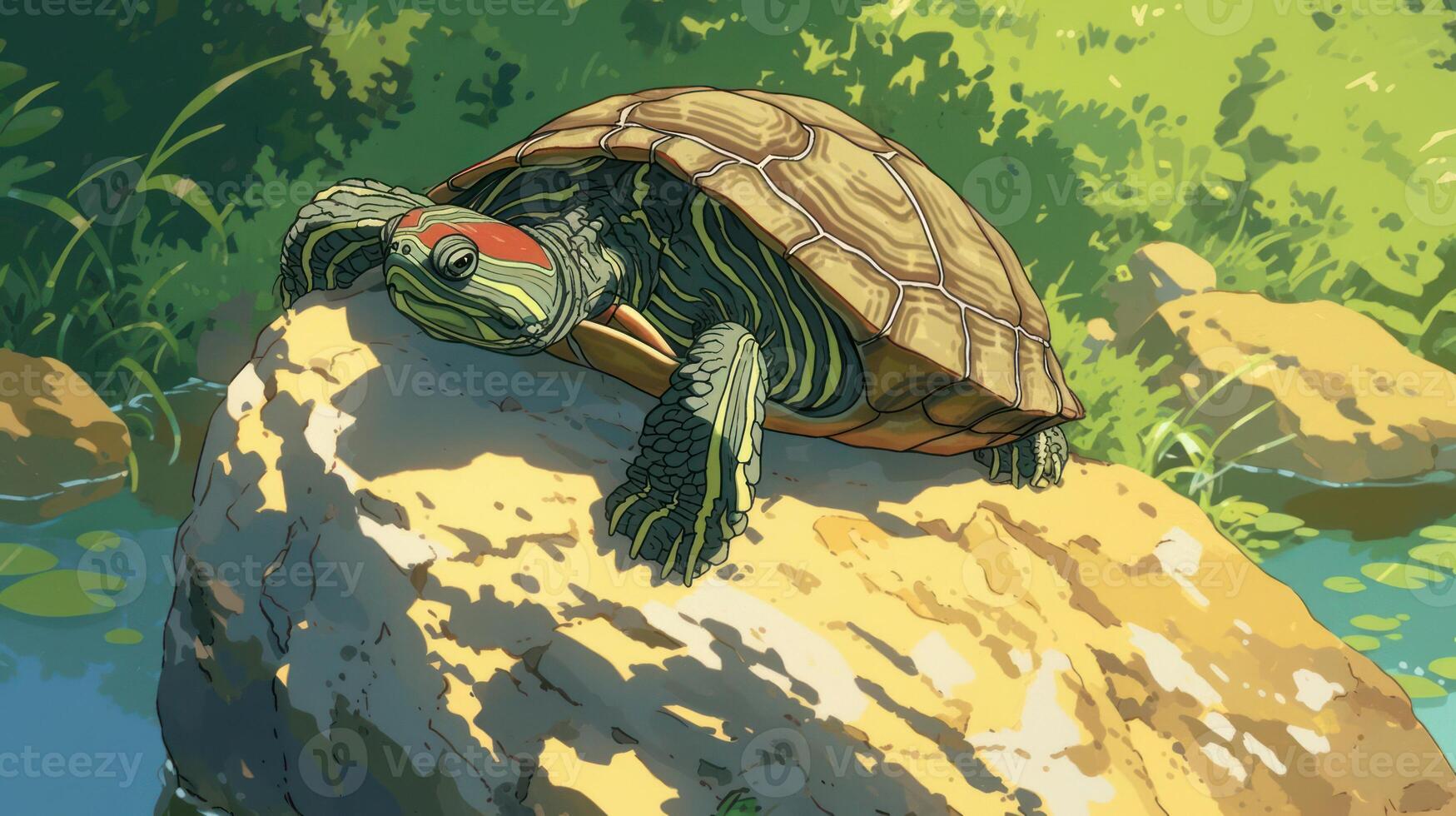 A serene turtle basking on a sunlit rock by a tranquil pond surrounded by lush greenery photo