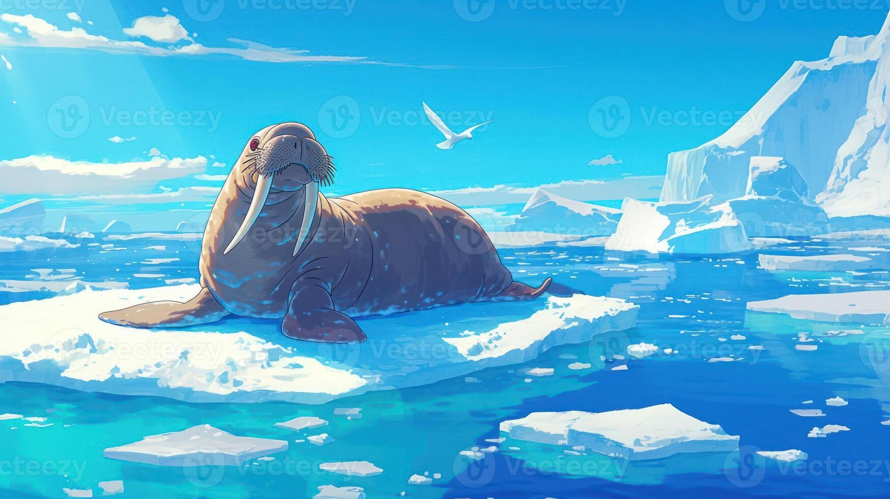 A serene walrus lounging on an ice floe in a vibrant Arctic landscape under a clear sky photo