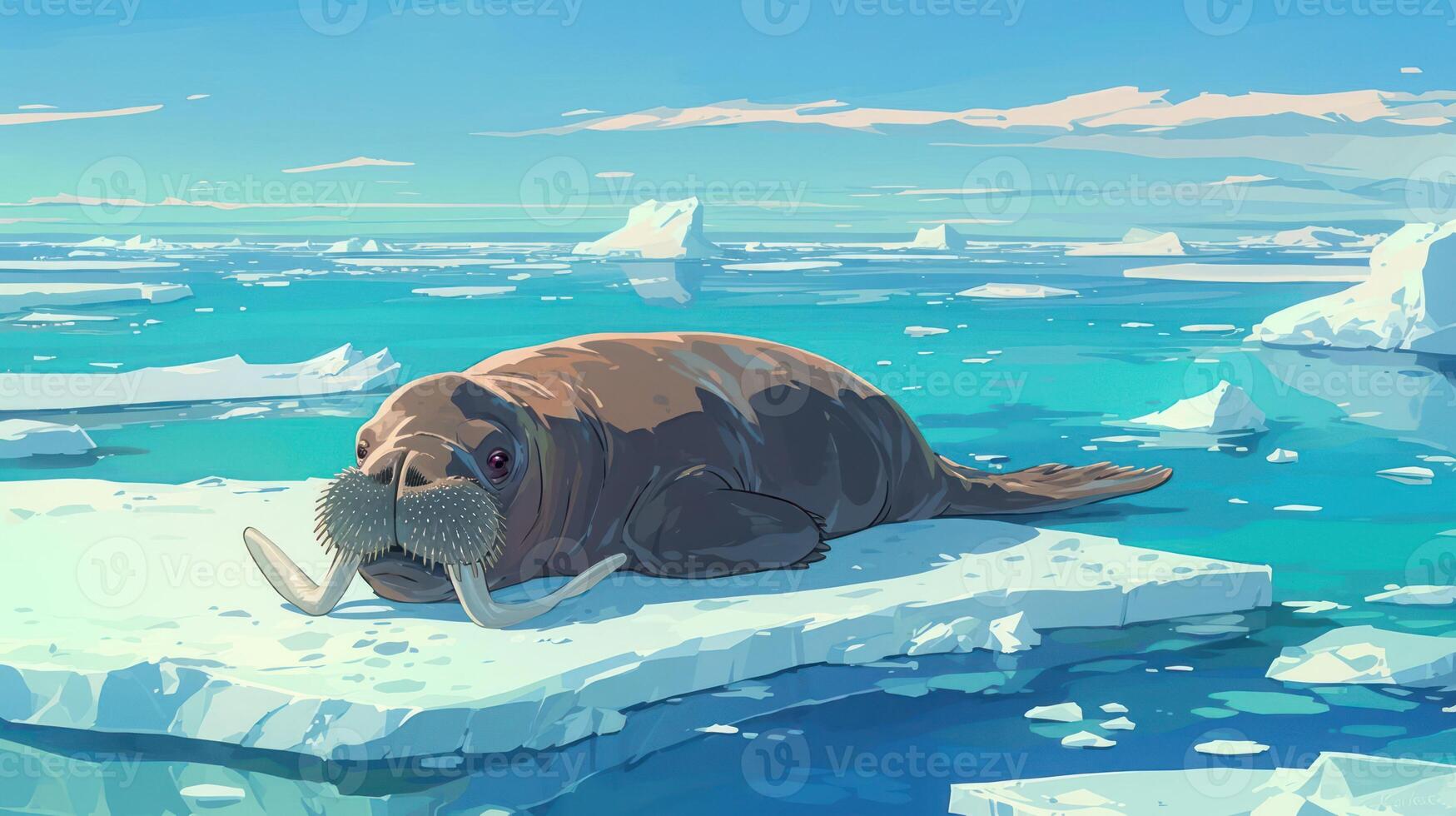 A serene walrus resting on an ice floe in a tranquil Arctic landscape with distant icebergs photo