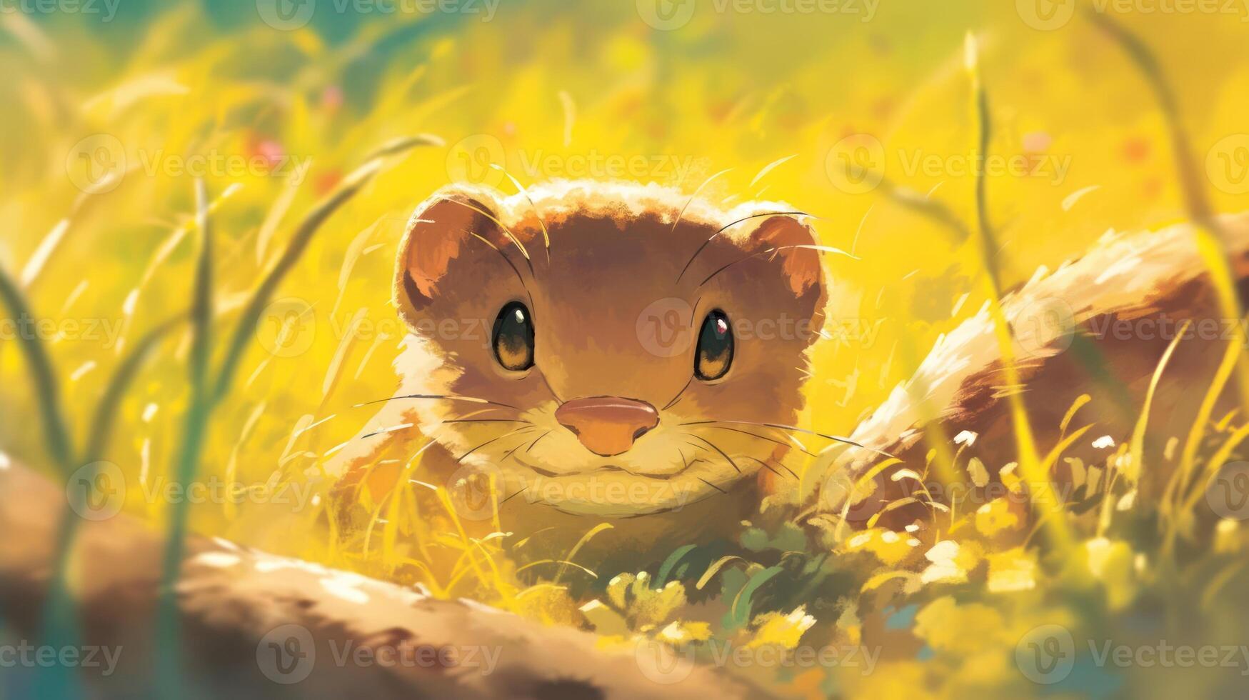 Cute animated creature peeking through vibrant grass in a sunny meadow filled with flowers photo