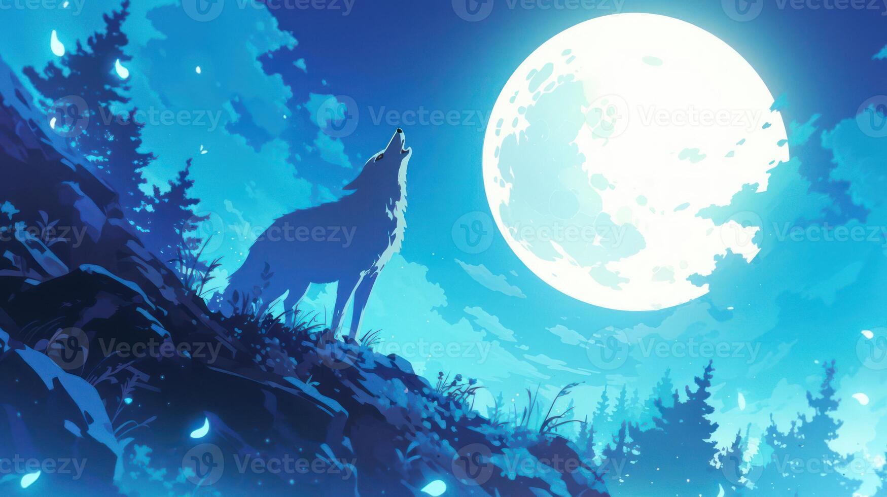 A majestic wolf howling at a luminous full moon above a tranquil forest landscape at night photo