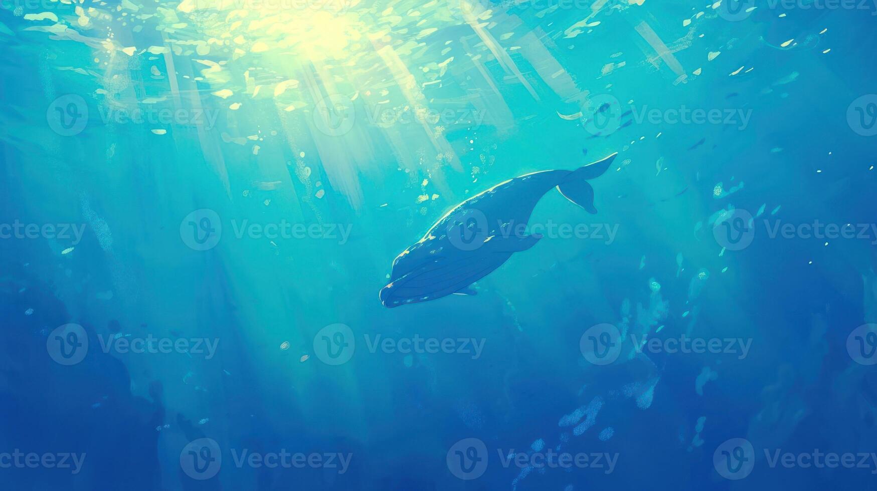 Underwater scene featuring a large fish swimming gracefully in sunlit ocean depths photo