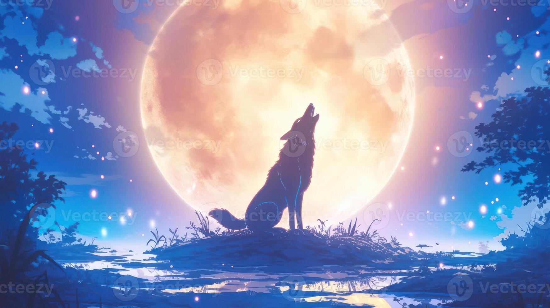 A wolf howling at a luminous full moon over a serene lake, surrounded by lush trees and glowing lights photo