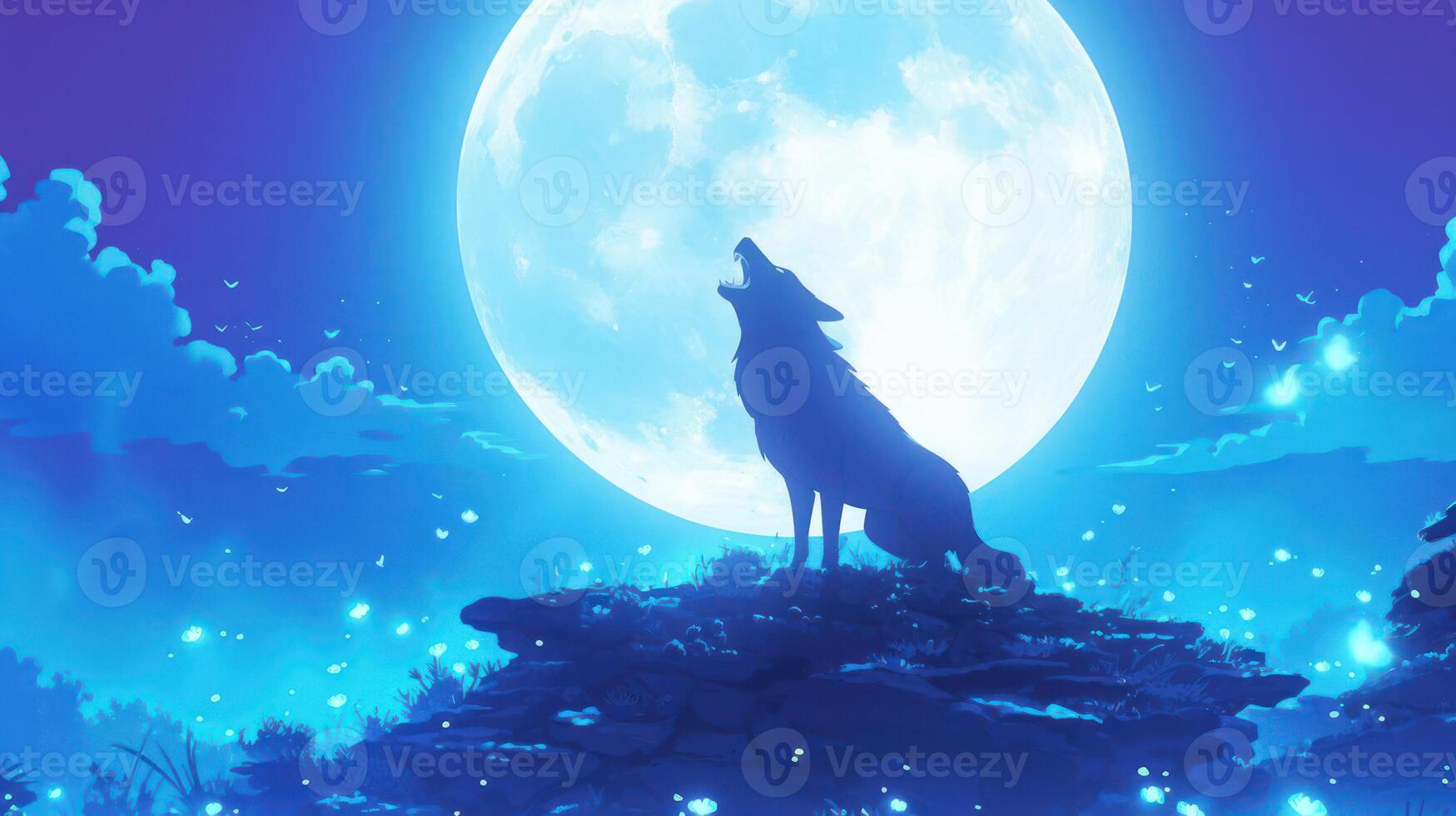 A majestic wolf howling under a luminous full moon amidst a mystical blue landscape photo
