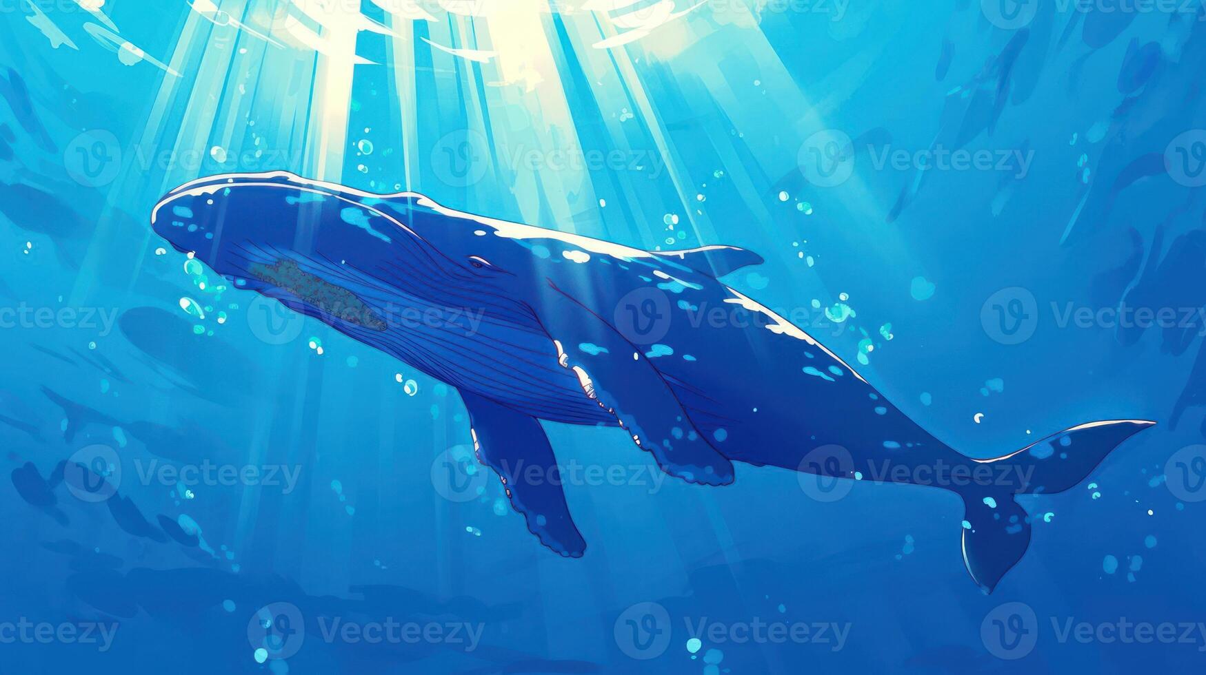 Majestic blue whale swimming gracefully in serene ocean depths with sun rays illuminating water photo