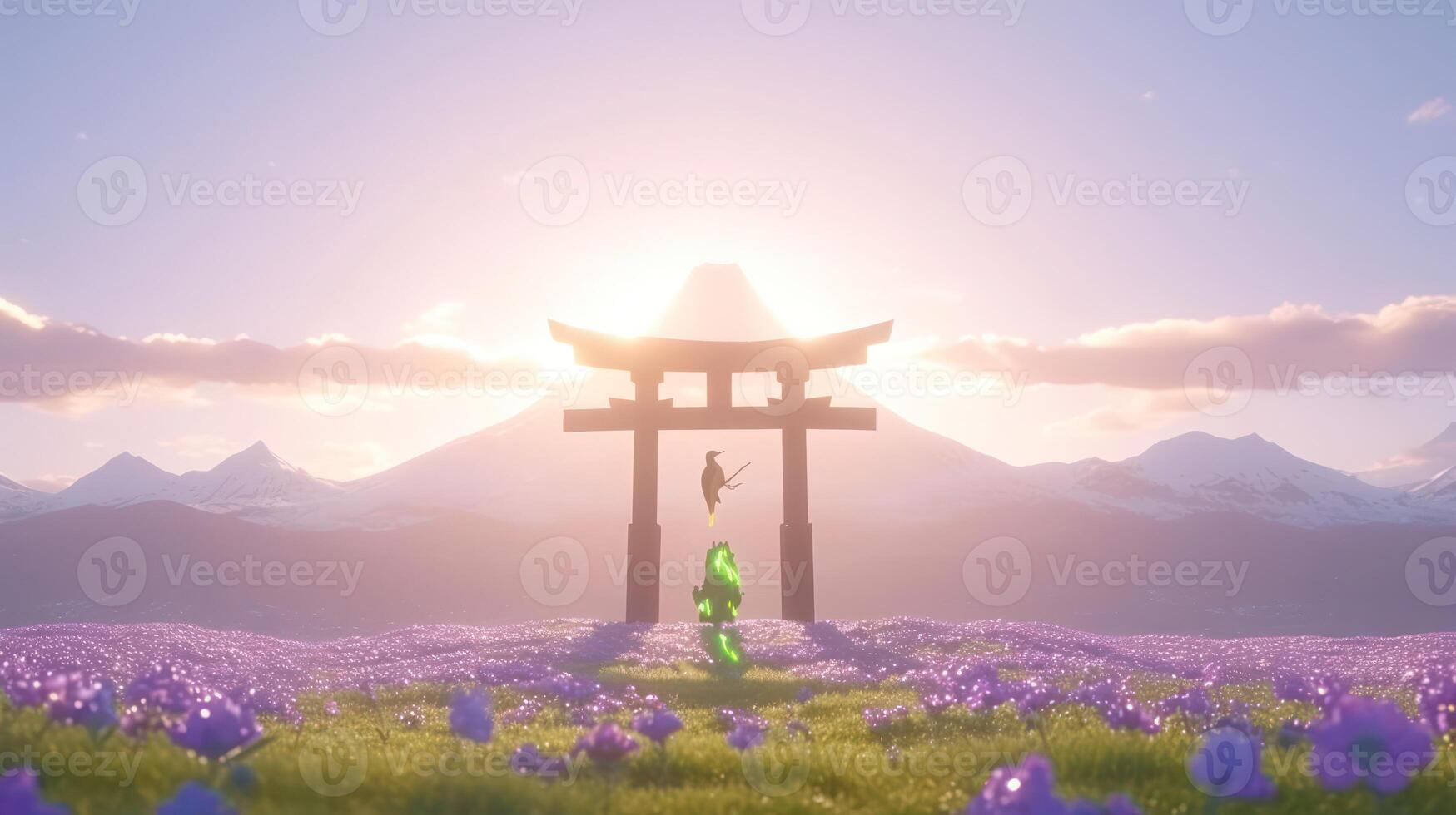 A serene scene with a silhouette performing martial arts under a torii gate at sunset photo