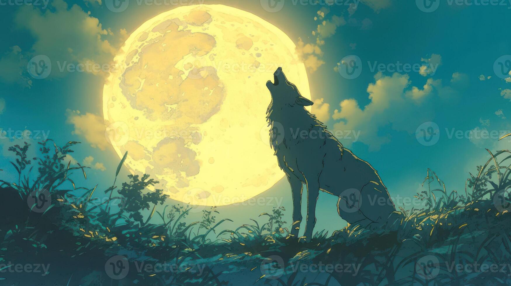 A lone wolf howls at a bright full moon, surrounded by lush grass and a serene night sky photo