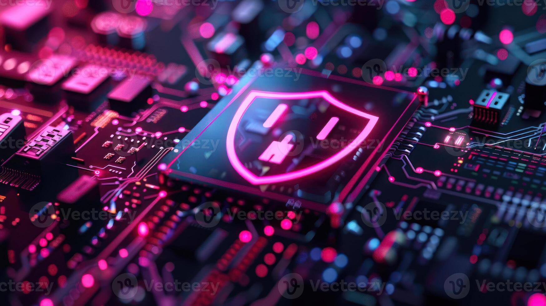 Close-up of a futuristic circuit board featuring a glowing shield symbolizing cybersecurity protection photo