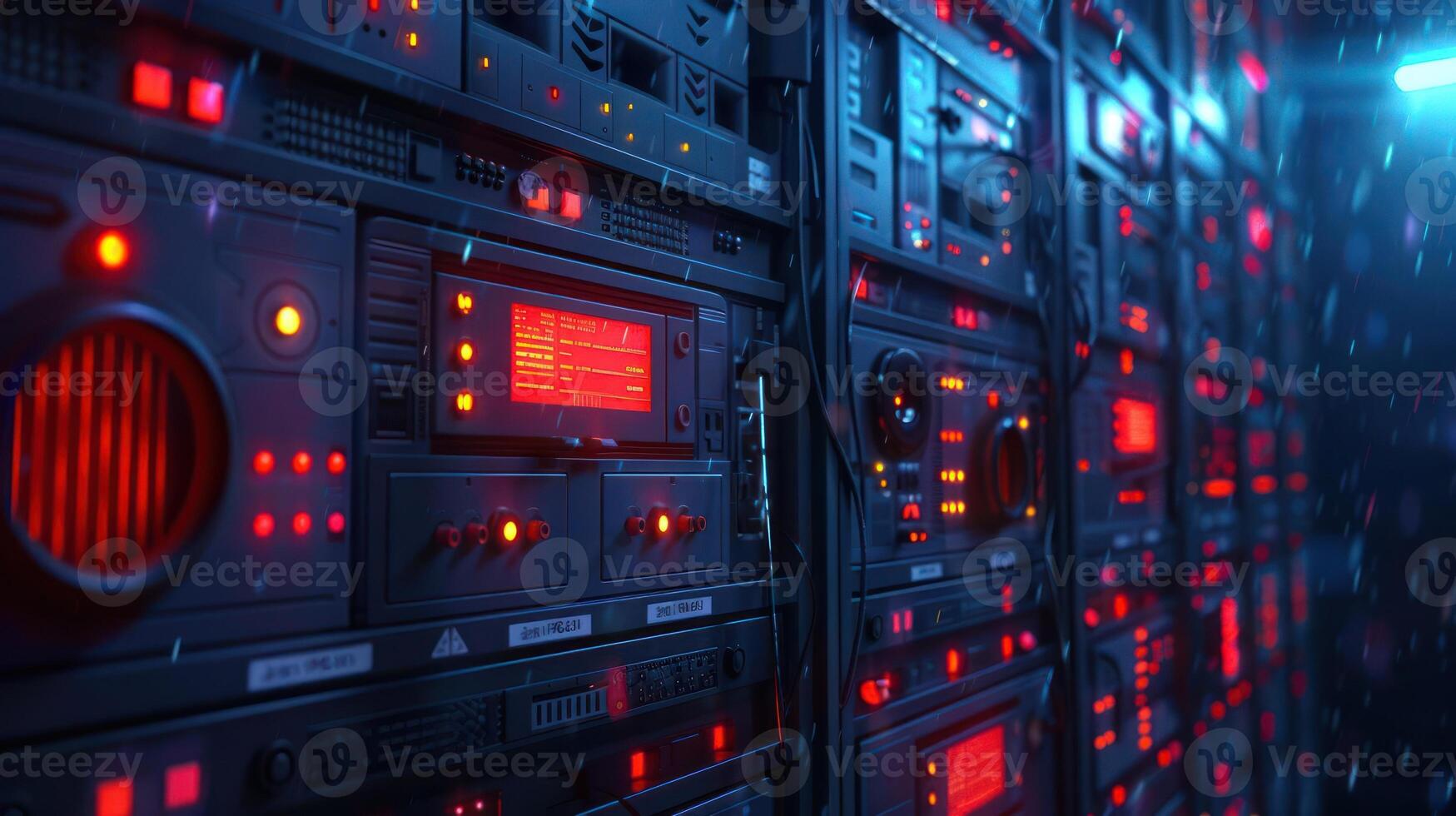 Close-up view of illuminated server racks in a data center with blue and red lighting effects photo