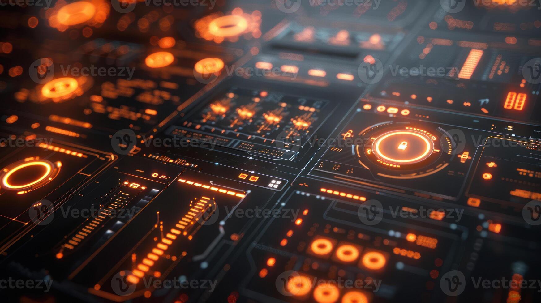 Futuristic digital interface with glowing orange elements showcasing data visualization and analytics photo