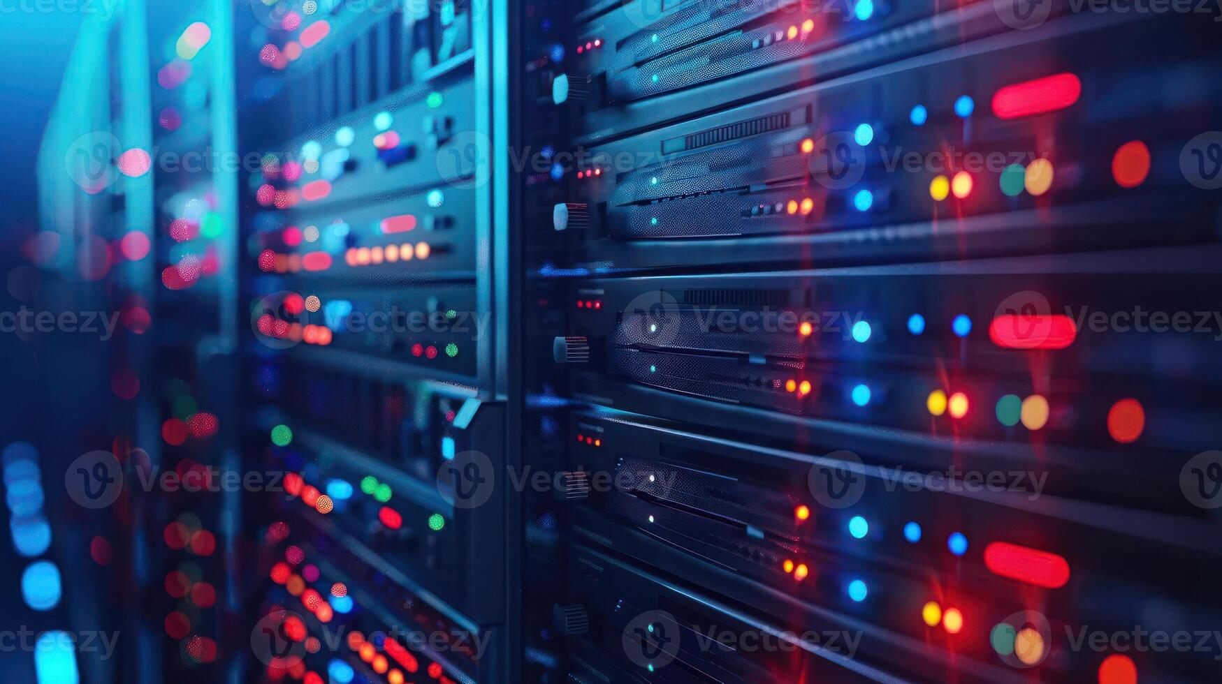 Close-up view of illuminated server racks in a data center showcasing vibrant LED lights photo