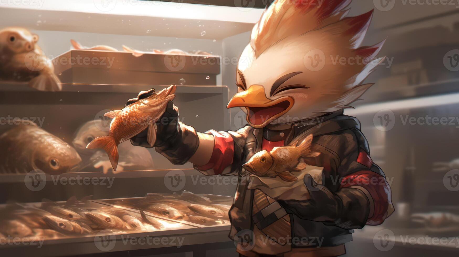 Cheerful character holding fish in a market, surrounded by various fish displays and a lively atmosphere photo