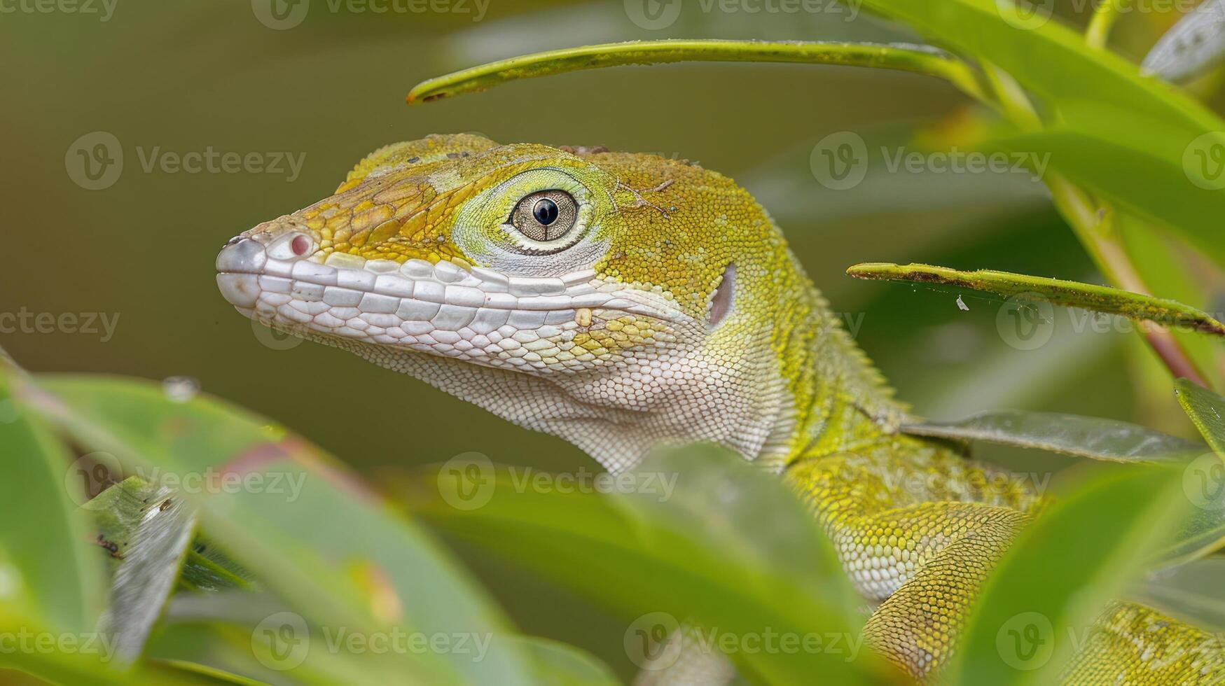 Close-up of a vibrant green lizard camouflaged among lush green leaves in a tropical setting photo
