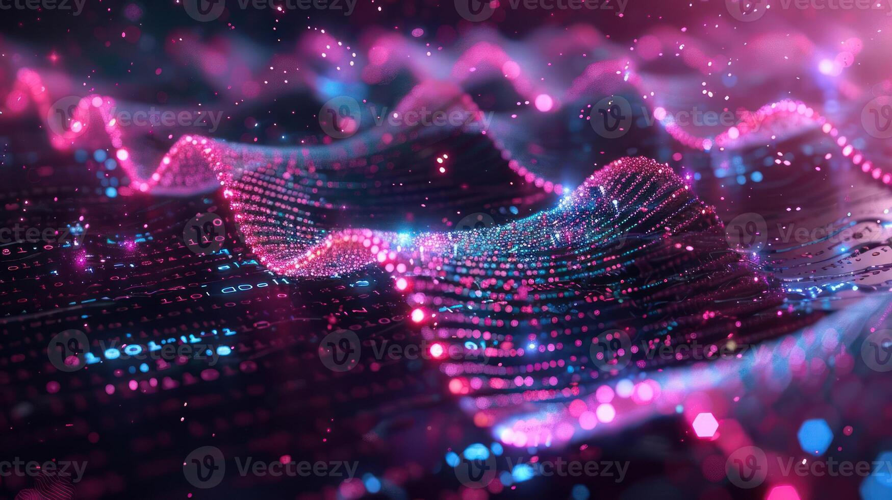 Abstract representation of digital sound waves in vibrant pink and blue hues with sparkling effects photo