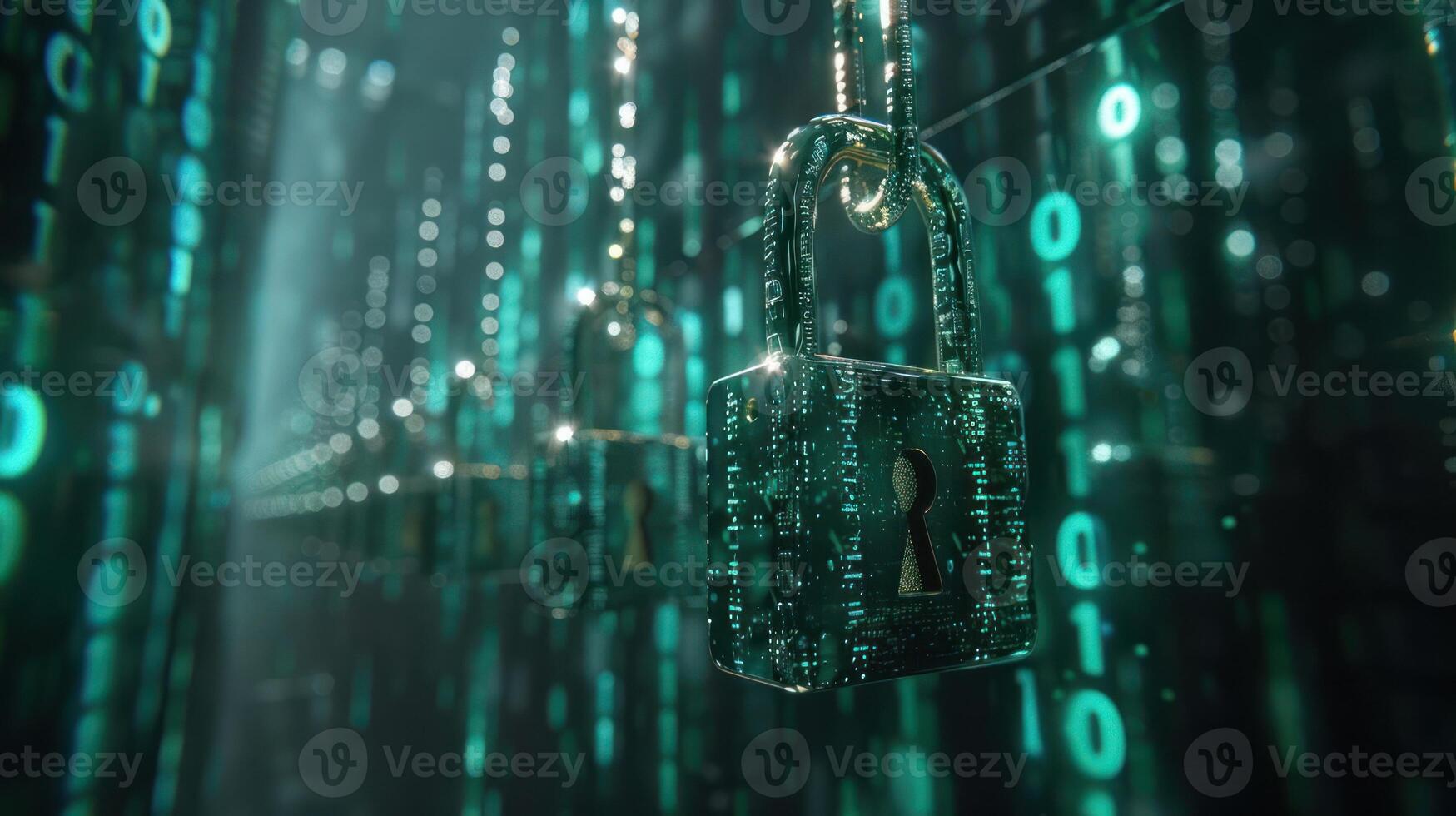 Digital locks suspended in a matrix of glowing binary code, symbolizing cybersecurity and data protection photo