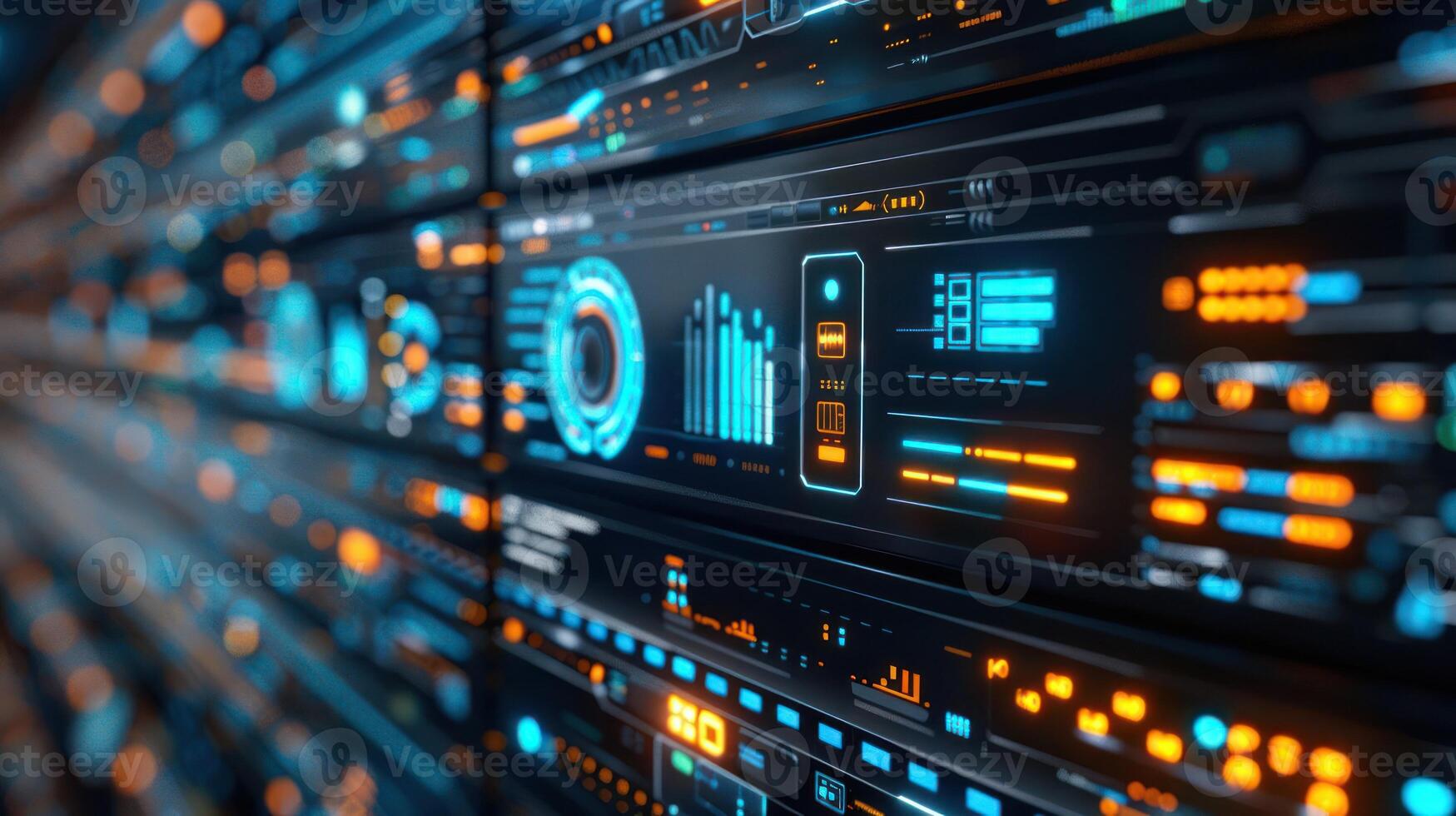 Futuristic data center with glowing panels, visualizing information and analytics in action photo