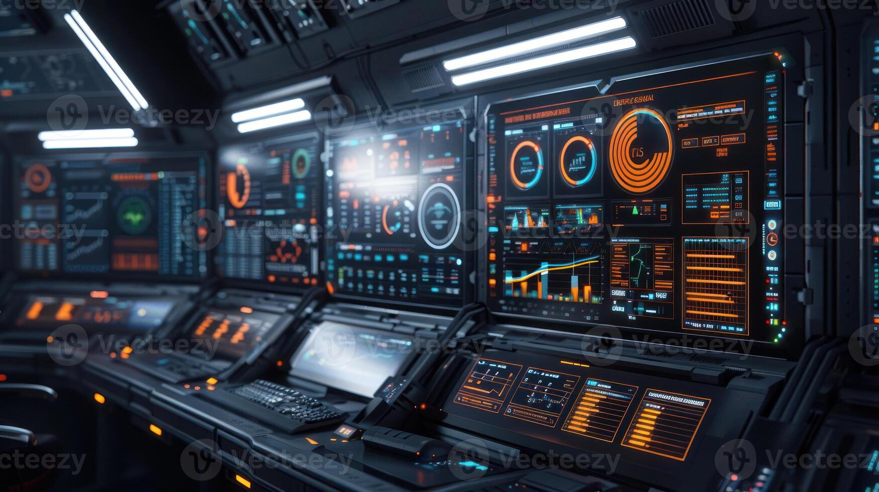 Futuristic control room with advanced digital interfaces and glowing screens displaying data photo