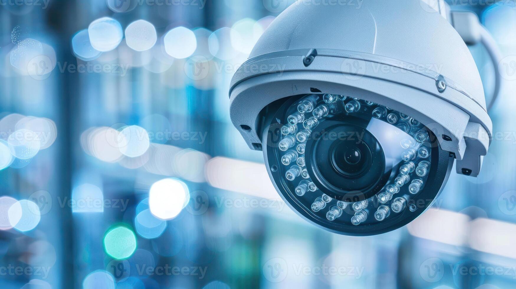 High-definition security camera monitoring a bright, blurred urban environment at night photo