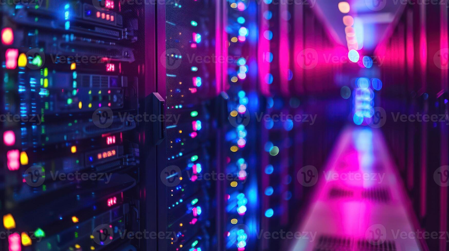 Vibrant data center corridor showcasing illuminated server racks with colorful LED lights photo