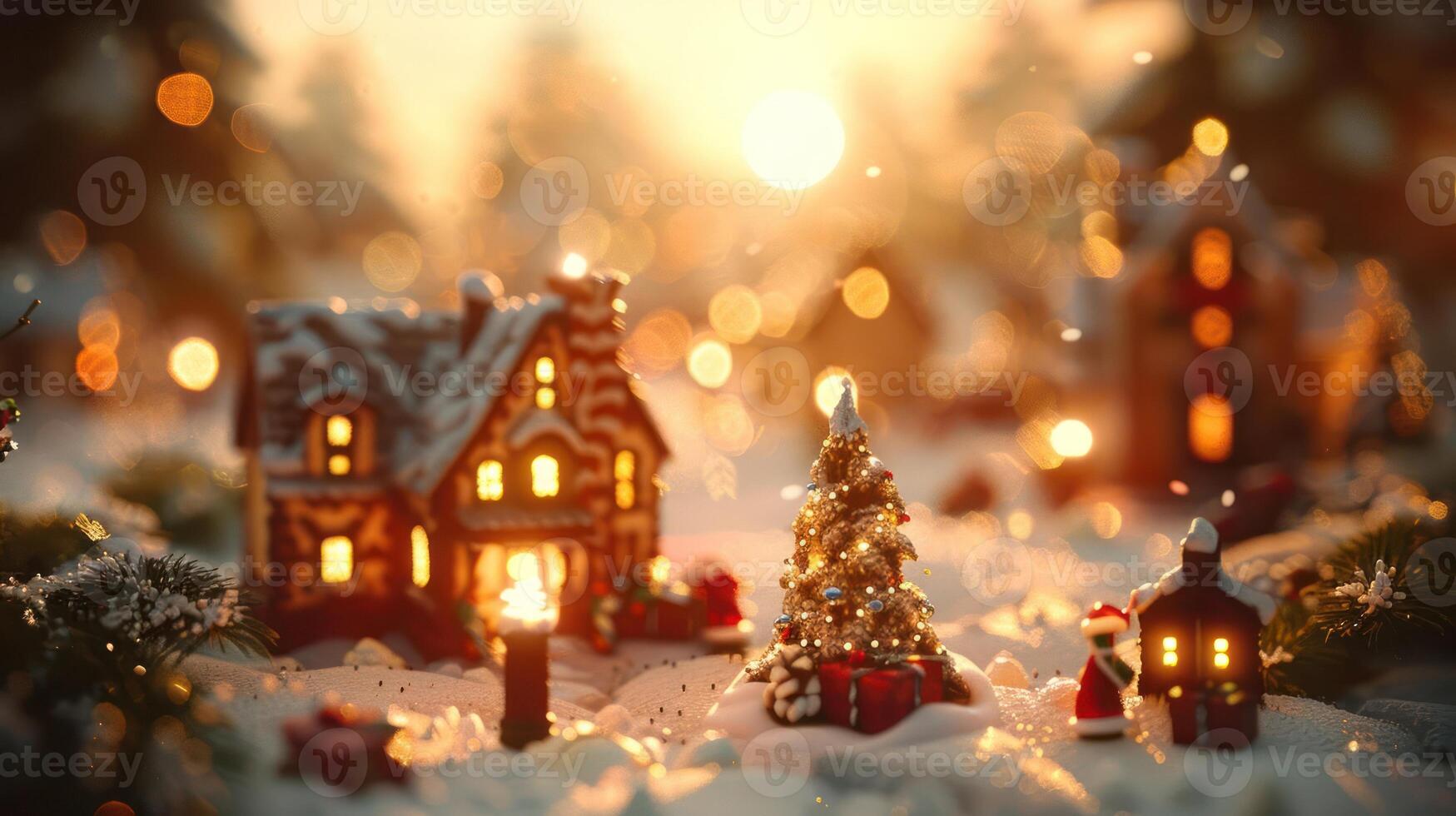 Enchanting winter scene featuring a gingerbread house and Christmas tree illuminated by soft lights photo