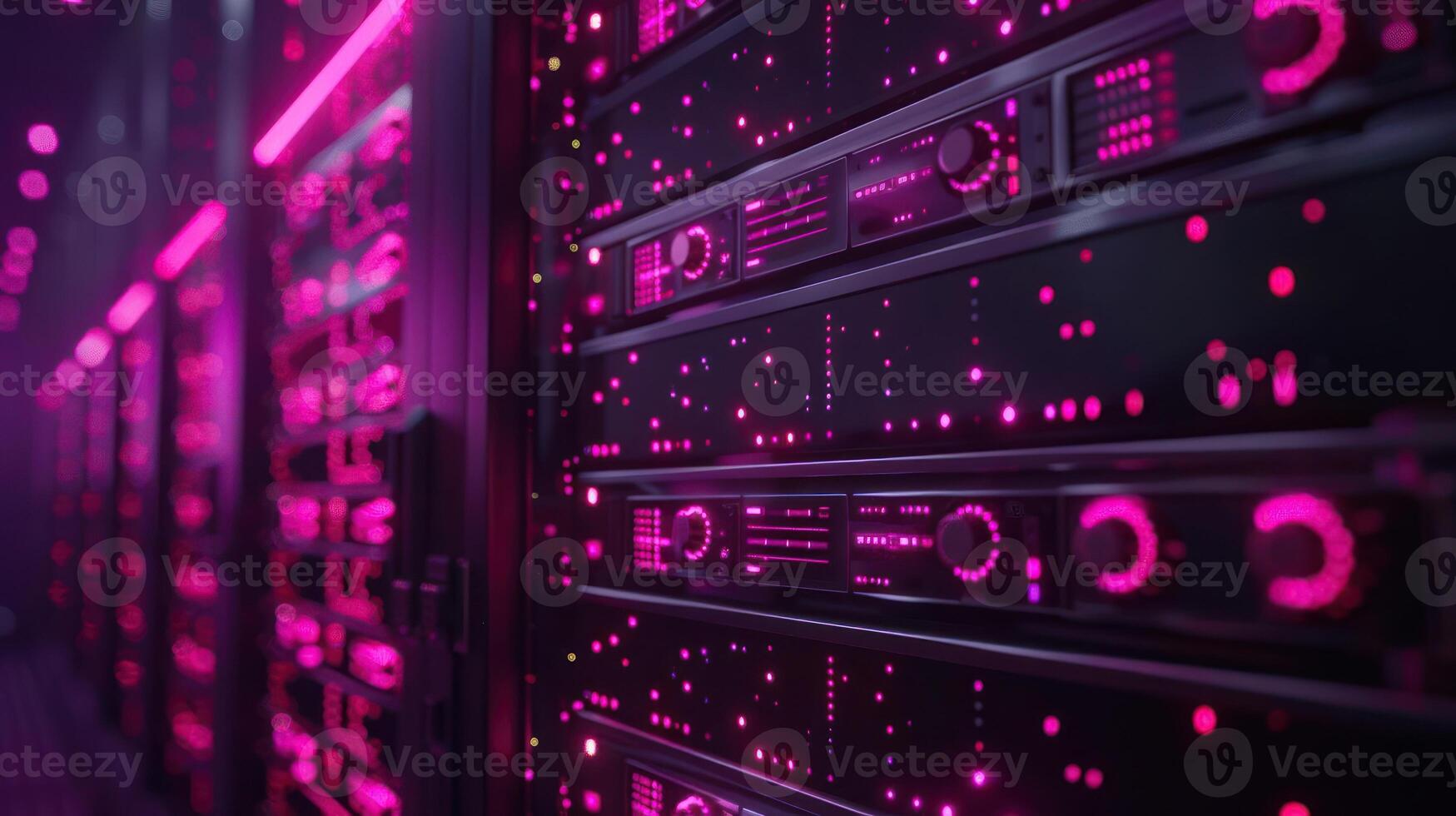 Futuristic data center with glowing servers showcasing vibrant pink lights and technology photo