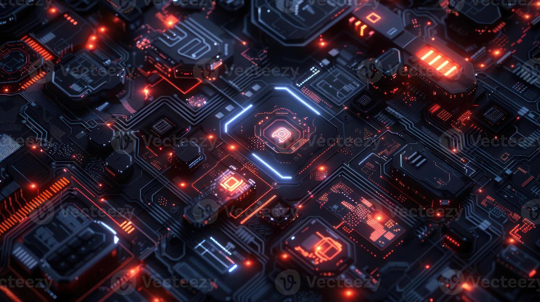 Abstract close-up of a futuristic circuit board with glowing elements and intricate patterns photo