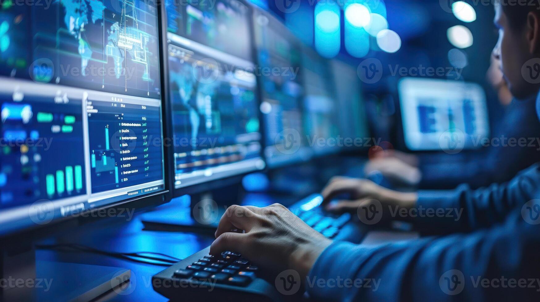Person using computer in a dark room filled with multiple screens displaying data analytics photo