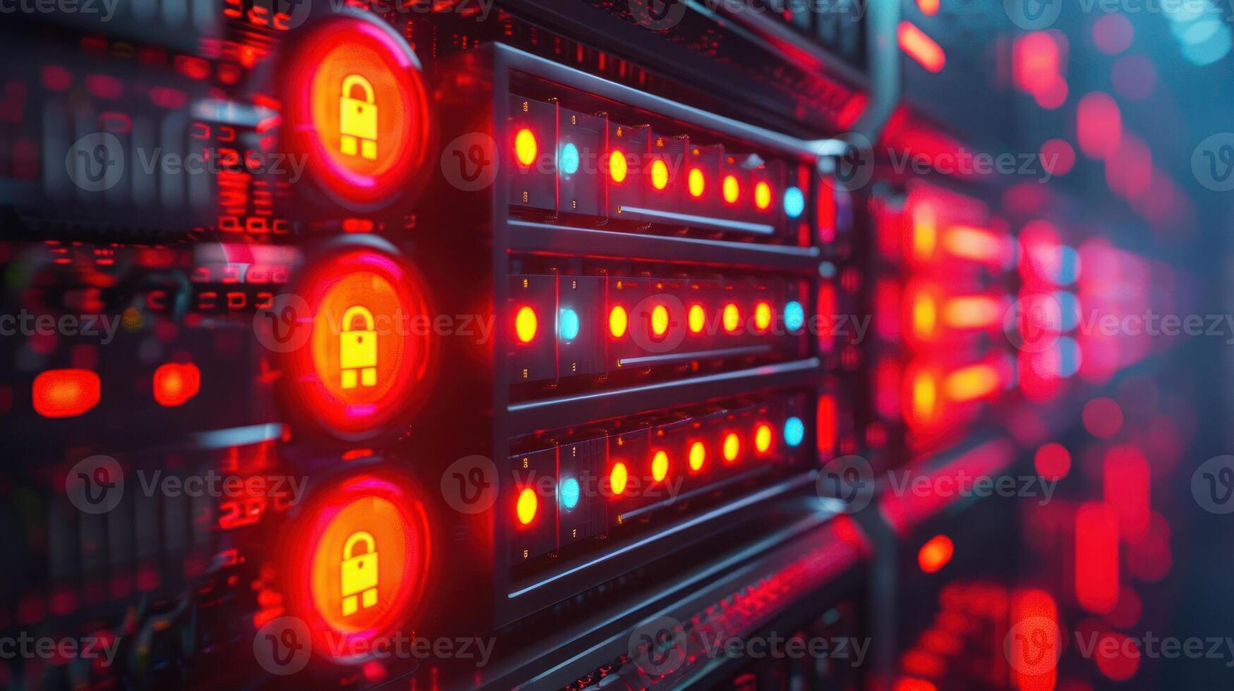 Close-up view of illuminated server racks with security indicators in a data center environment photo
