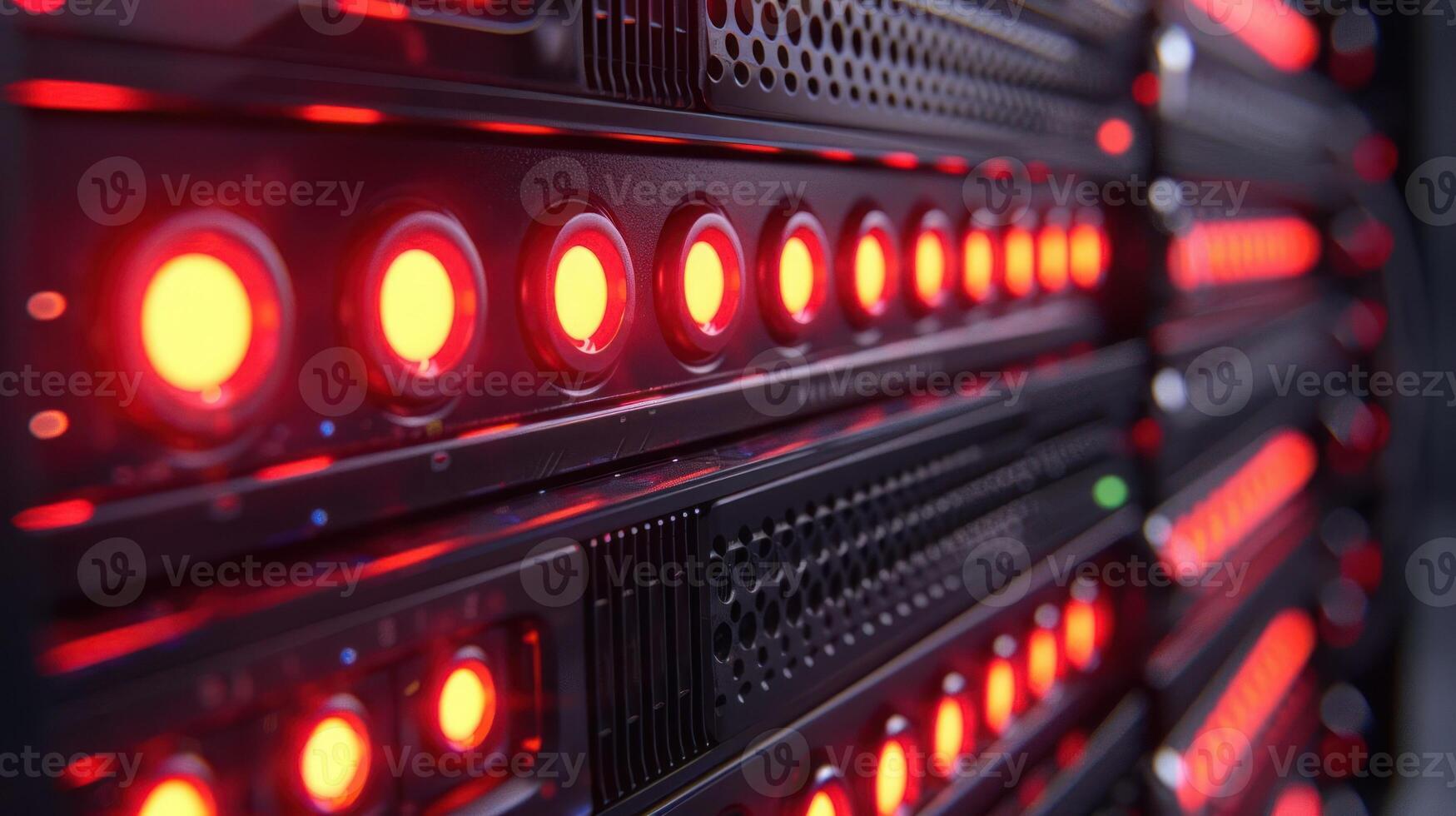 Close-up view of illuminated server racks showcasing data processing technology in action photo