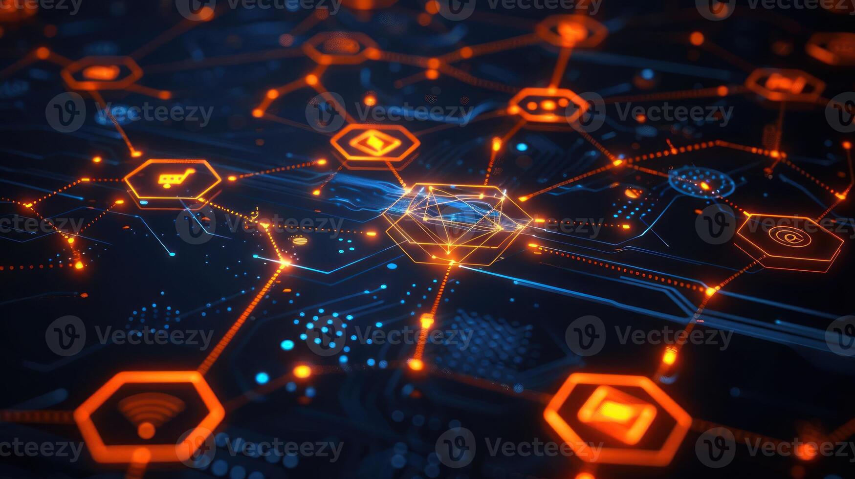 Abstract digital network with glowing orange connections and hexagonal icons on dark background photo