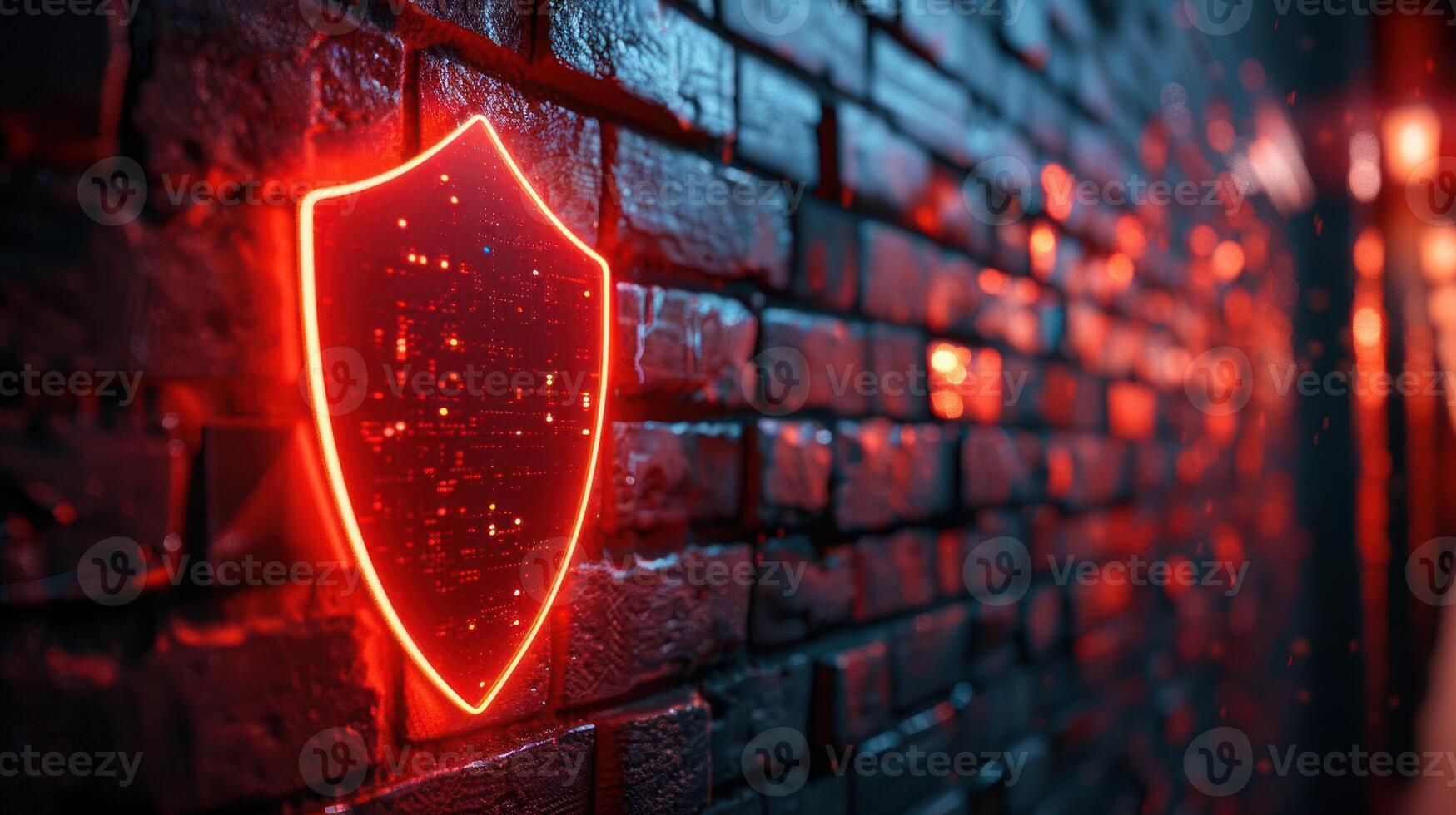 Neon shield emblem glowing on a textured brick wall, creating a vibrant urban atmosphere photo