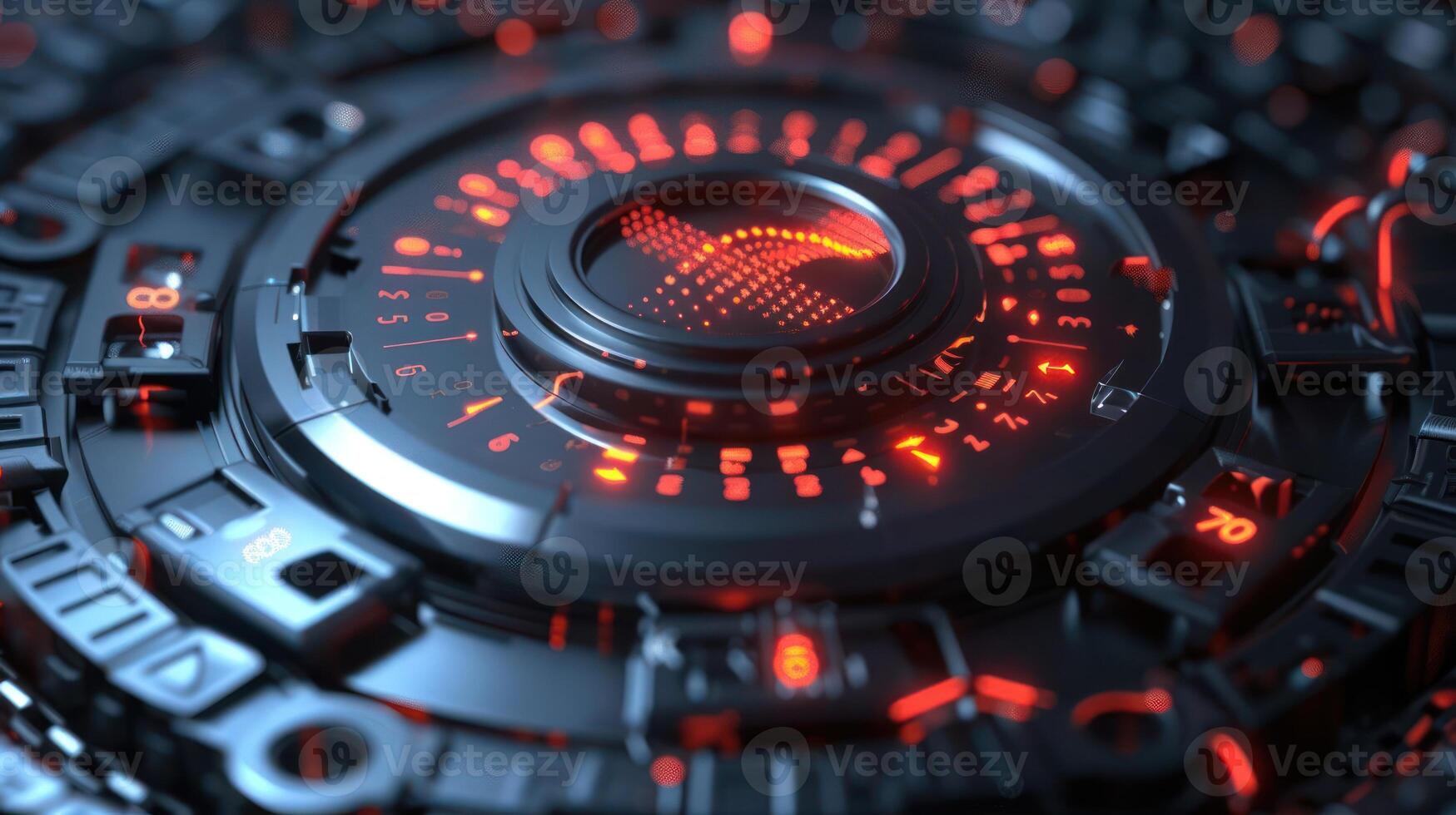 Futuristic abstract technology design featuring glowing red and black circular patterns and details photo