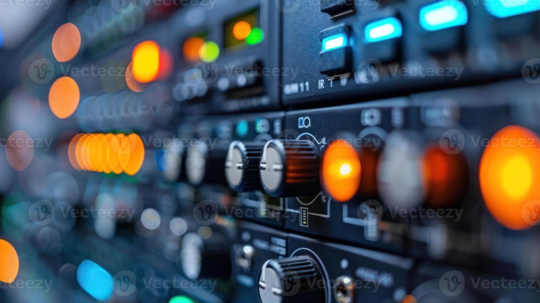 Close-up of audio mixing equipment with illuminated buttons and knobs in a studio setting photo