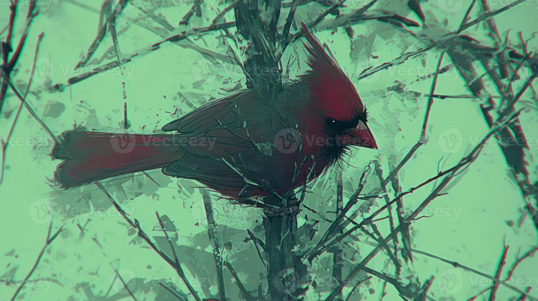 Vibrant red cardinal perched on a barren branch amidst a misty, ethereal landscape photo