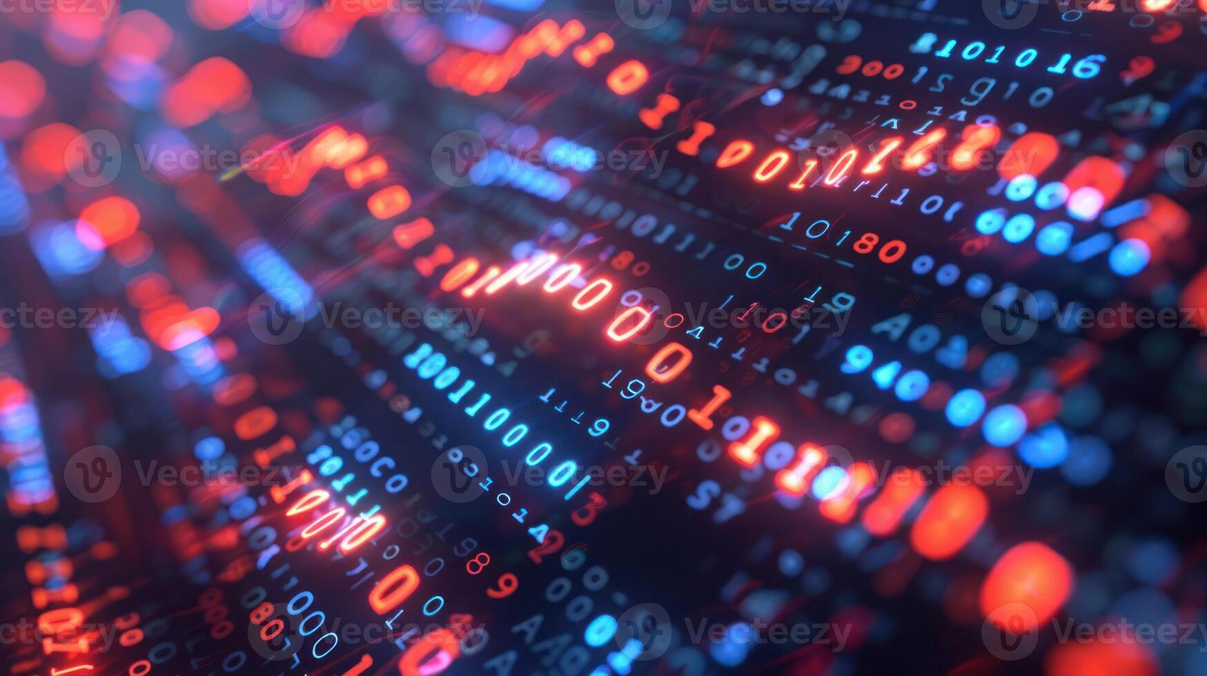 Abstract representation of digital data flow with binary code and vibrant colors in a tech environment photo