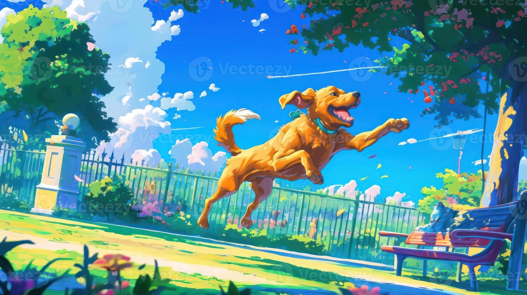 A joyful golden retriever leaps in a vibrant park filled with flowers and a clear blue sky photo