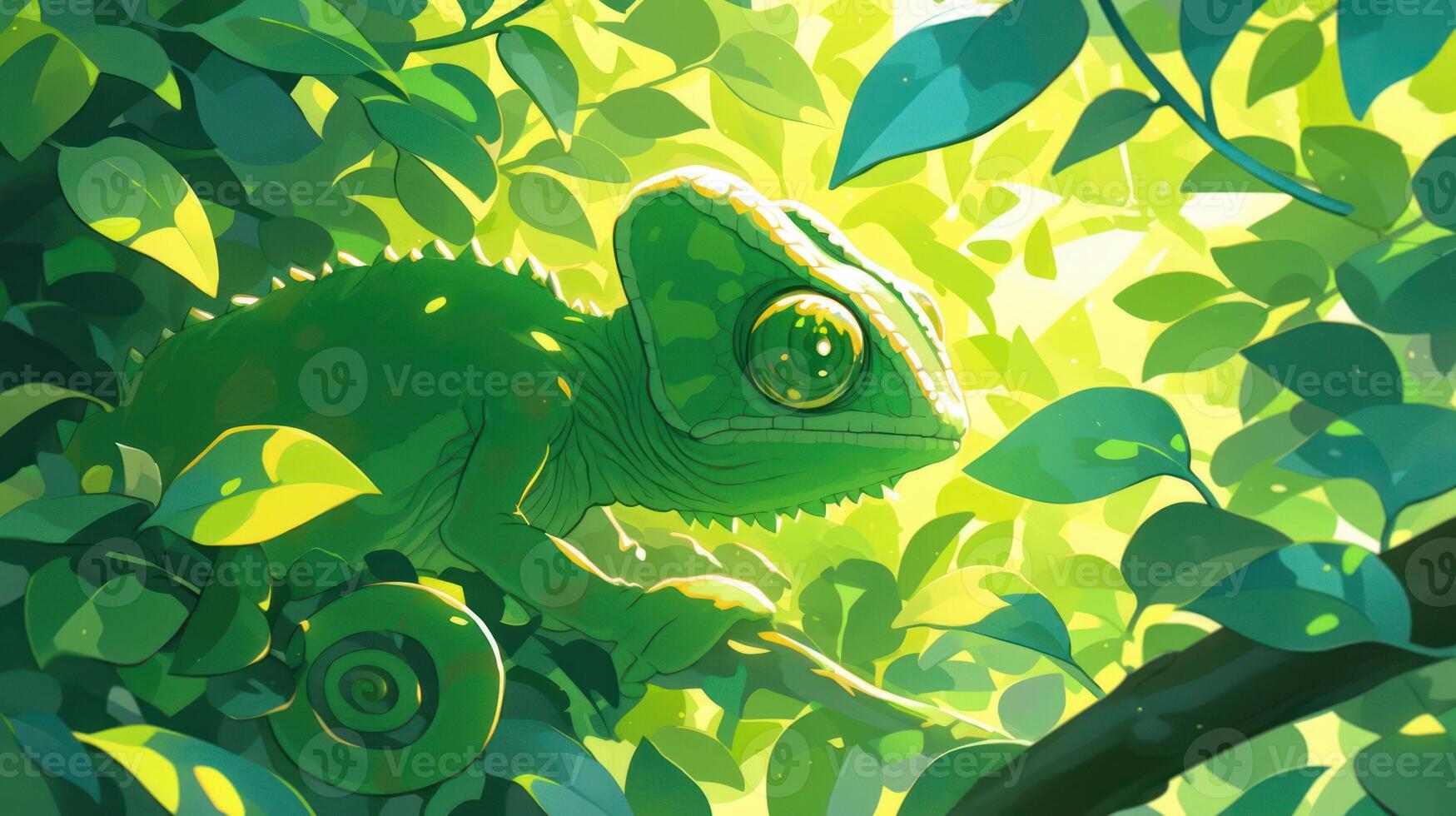 Vibrant green chameleon perched on a branch amidst lush foliage in a sunlit jungle setting photo
