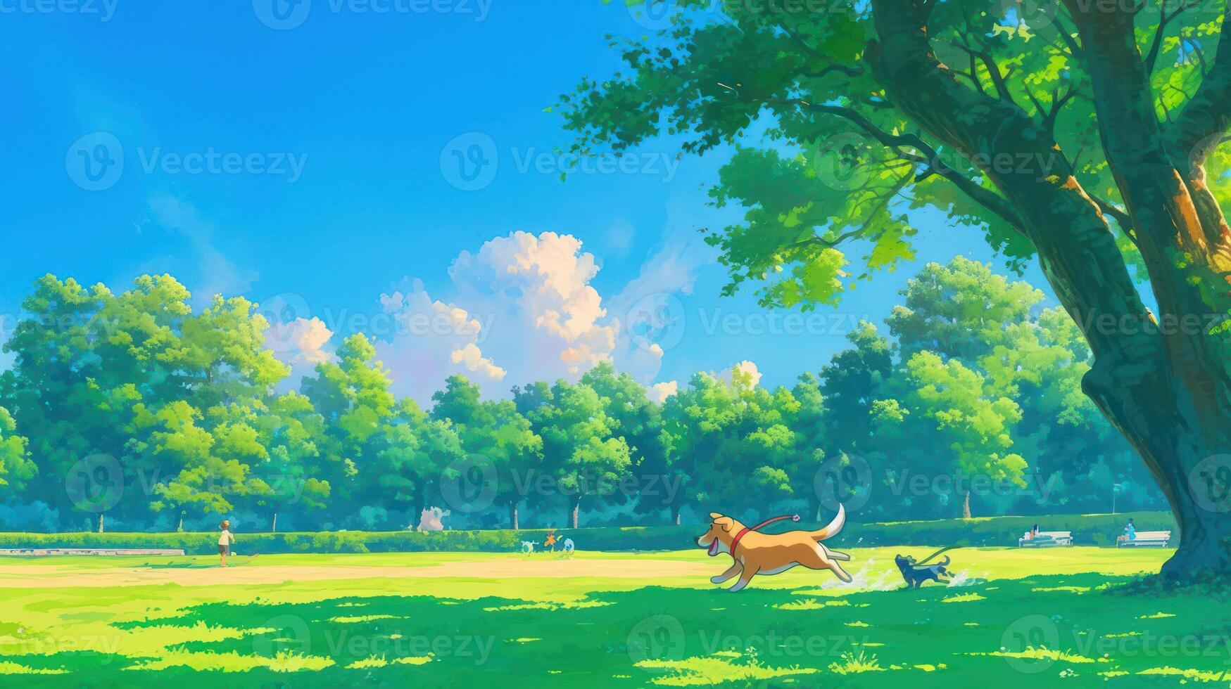 A playful dog and cat frolic in a sunny park, surrounded by lush trees and a clear blue sky photo